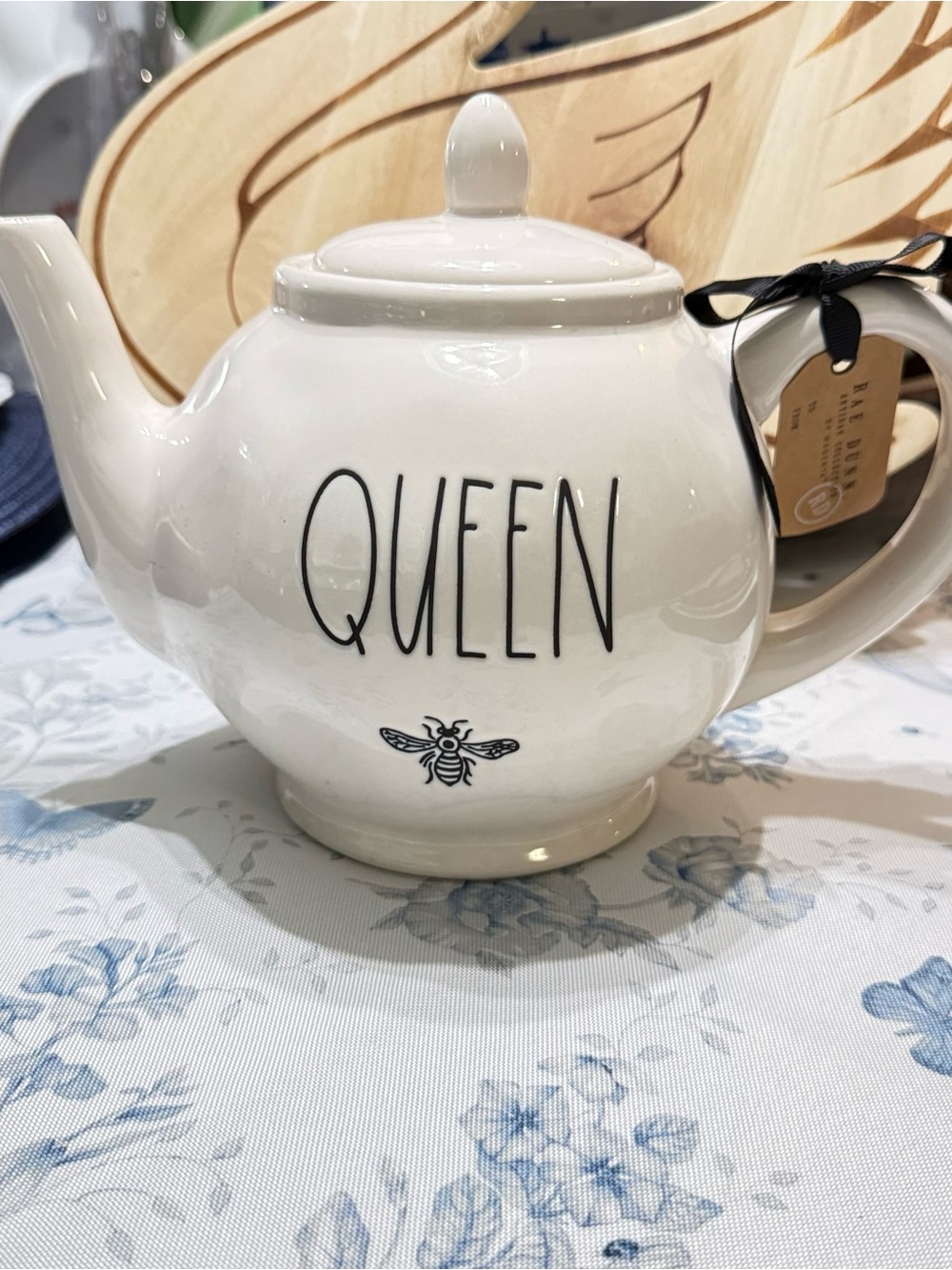 Rae Dunn White "QUEEN" Ceramic Teapot with Bee Accent